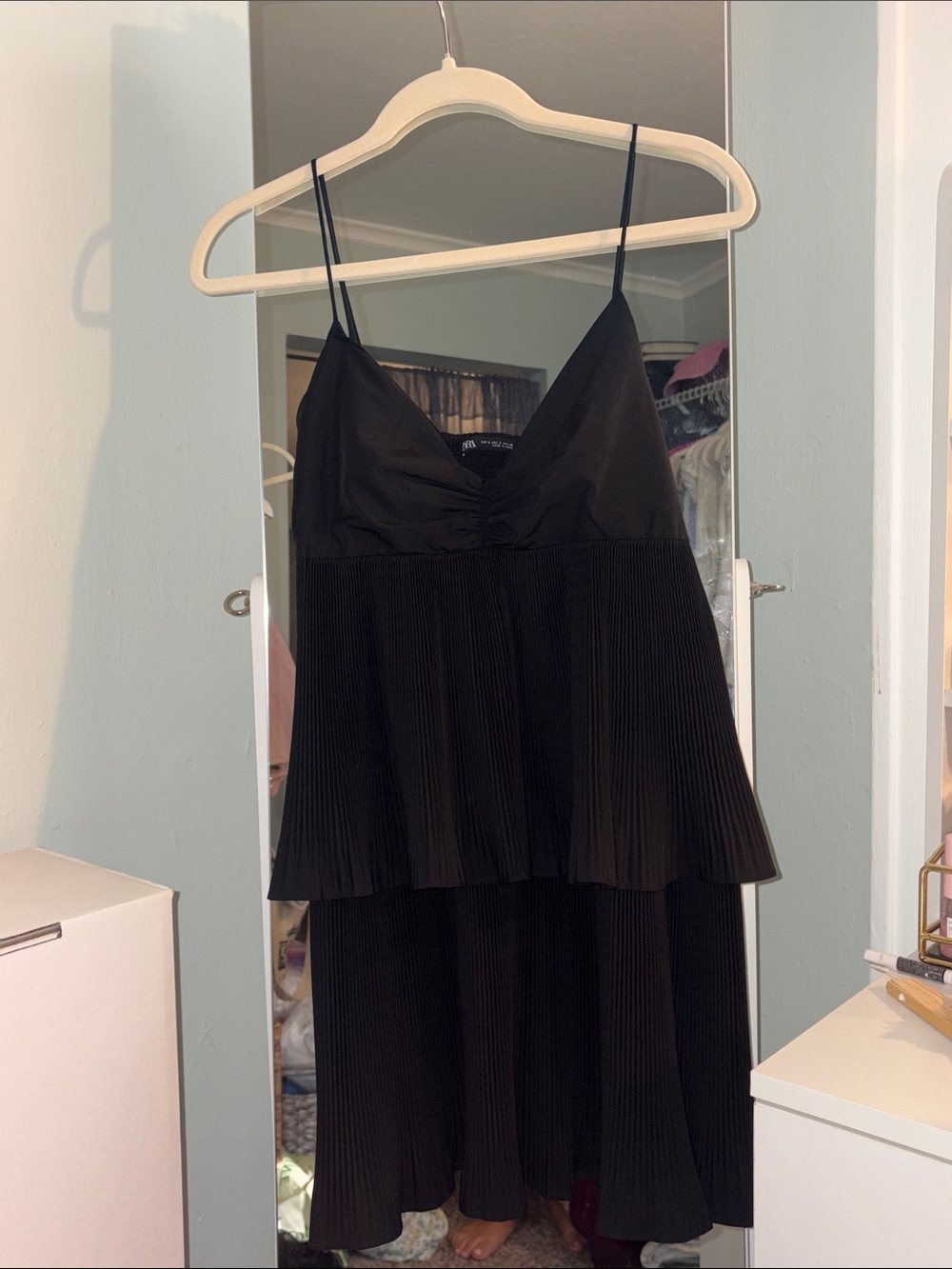 Zara Black Pleated Mini Dress with Spaghetti Straps